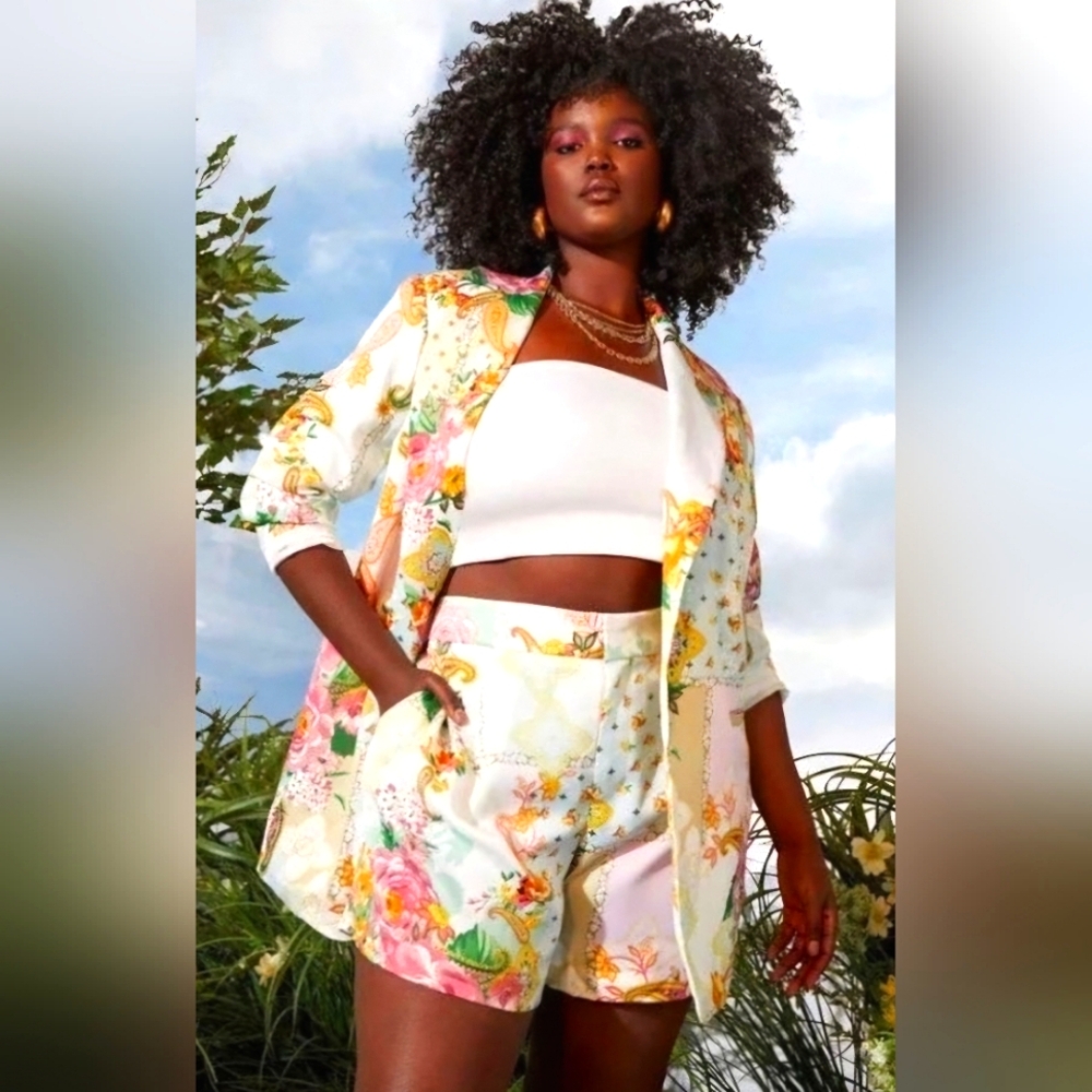 Eloquii Satin Floral Blazer and Shorts Set
